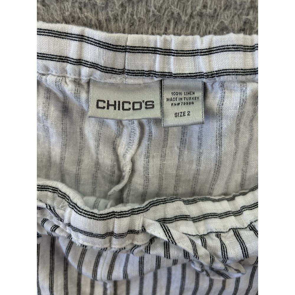 Chicos Linen Pants Womens 2/Large Striped White Black Pull-On Drawstring Beach‎ - Picture 5 of 10